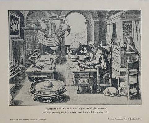 "Studierstube eines Astronomen zu Beginn des 16 Jahrhunderts"  Wood engraving made after a copper engraving by Stradanus. Published 1905.