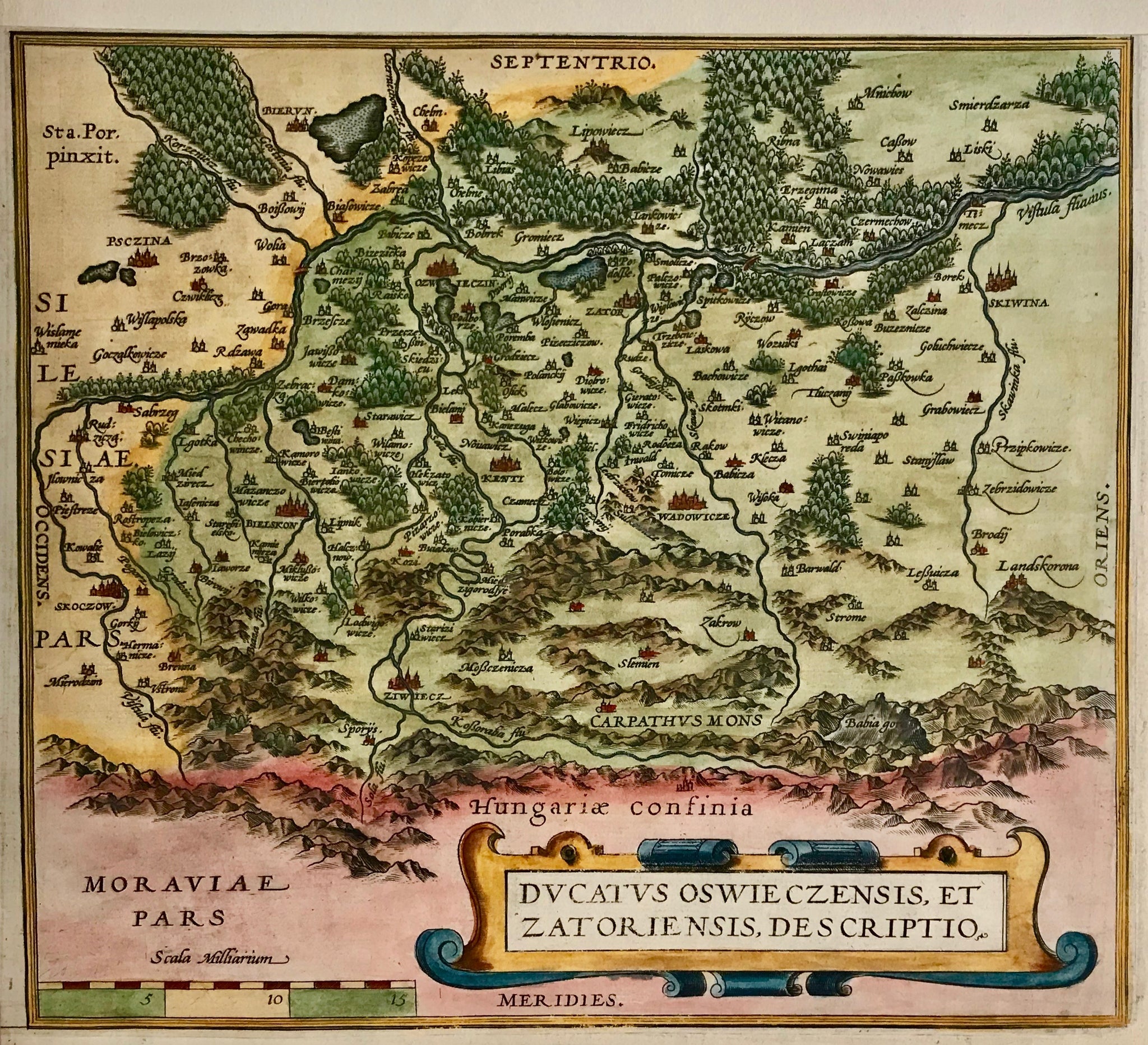 "Ducatus Oswieczensis et Zatoriensis Descriptio"  Copper engraving from the atlas "Theatrum Orbis Terrarum" by Abraham Ortelius ca 1580.  Map of the area around Zator and Auschwitz (Oświecim). In the center is Wadowice. The Vistula River begins in the lower left and "Flows out" in the upper right of the map.