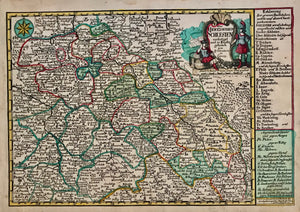 "Das Herzogthum Schlesien......". Copper etching by Johann Christian Schreibern(1676-1746). His atlas was published after his death ca. 1750 in Leipzig. Original hand coloring.  This map features the region of Silesia and the surrounding area. It reaches as far west to include Dresden and Pilsen on the left side and Pless and Bilitz in the southeast. In the far south is Iglau. On the right side of the map is an explanation of the various areas.