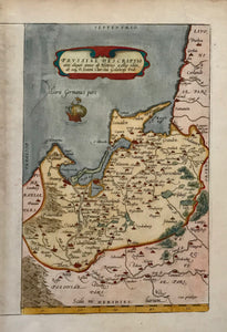 "Prussiae Descriptio"  Hand-colored copper etching after the drawing by Heinrich Zell  Published in "Theatrum Orbis Terrarum"  By Abraham Ortelius /1527-1598)  Antwerp, edition of 1595