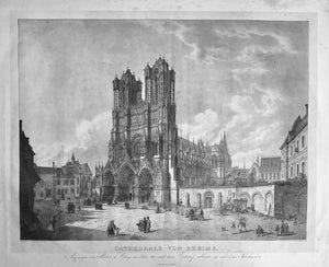 Reims Cathedral. "Cathedrale von Rheims".  Lithograph by Simon Quaglio after the painting by his brother Domenico Quaglio. Dated 1827/28. Printed by Lacroi on fine China paper and rolled onto stronger paper.  Large Folio view in excellent art-quality. 