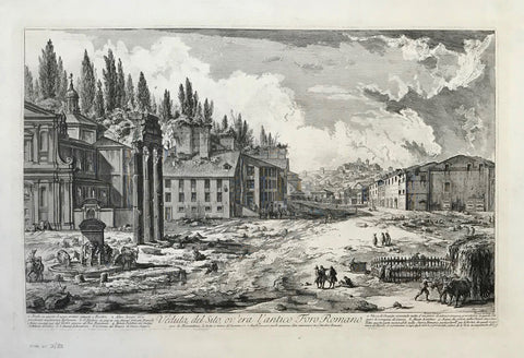 Veduta del Sito, ov'era l'antico Foro Romano  Hind 41 V / VII  On either side of the title are descriptions with numbers corresponding to those in the image. The buildings, Monte Aventino and the piazza are described.  Print is from the First Paris Edition (1800 - 1807) and has very wide margins. Hardly any spots in margins. A few nearly invisible creases in lower margin.  38.5 x 59 cm (15.1 x 23.2 ")  Piranesi - Vedute di Roma  Piranesi, Giovanni Battista 