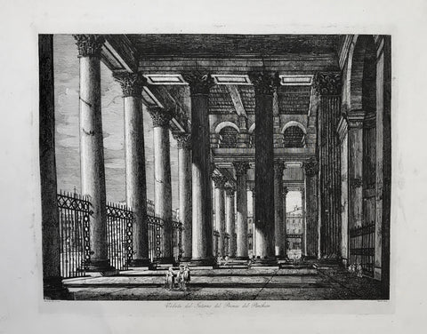 Veduta del Interno del Pronao del Pantheon (under the Portico of the Pantheon)  Copper etching by Luigi Rossini (1790 Ravenna-Roma 1857) from his "Le Antichita dei controni di Roma". This plate is dated 1820.