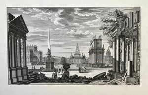 No title. Classical architecture capriccio.  Copper etching by Giuseppe Galli da Bibiena (1696 - 1757)  A diversely talented artist, Bibiena produced theater stage design and classical architecture design of the highest quality. He also planned weddings, obsequies, festivities for the noble and for the Empirial and Royal courts of Vienna and Berlin.