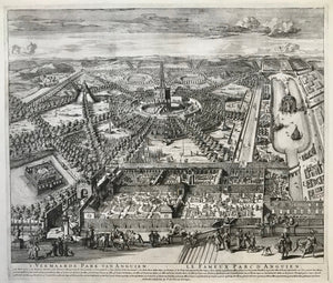 "t Vermaarde Park van Anguien - Le Fameux Parc d'Anguien".  Copperplate etching by Frederic de Wit. Amsterdam. Ca. 1650. Published in "European Palaces and Castles"  The famous Park of Enghien (in the Wallonian province of Henaut) dates back to the 15th century, when Pierre de Luxembourg transformed the forests ajacent to his chateau into a park. Two hundred years later, in the year 1607, chateau and parc were sold by the then owner Henry IV
