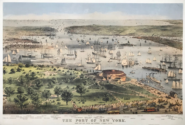 New York. - „The Port of New York. Bird’s Eye View from the Battery looking South“  Chromo-lithograph  By Charles Richard Parsons and Lyman Wetmore Atwater  Publisher: Currier  & Ives Published: New York, 1872  An extraordinary print. We are looking at the The Battery, in its 25 acres park at the tip of Manhattan, letting our eyes  sway across  the wide panorama of Brooklyn and Staten Island. coaches, horse trams everywhere in Battery Park, and busy is New York Harbor with sail ships, sailboats, steamers. 