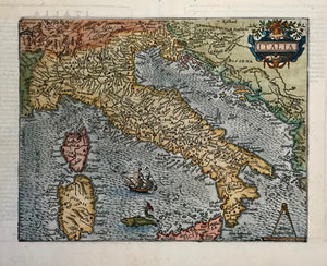 "Italia". Copper etching by Johann Bussemacher, ca. 1590. Modern hand coloring.  At first glance this map is very decorative with a sailing ship and a large imaginative fish in the wavy Tyrrhenian Sea, a pleasant title cartouche and a compass in the lower right corner. Studying the map more closely, one appreciates the great detail in locations of cities and rivers that were known in the 16th Century. Bussemacher's name is at the bottom of the map.Verso: Text in Latin.