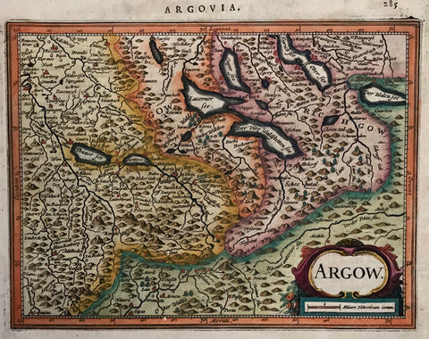 Argow". Copper etching in very pleasant modern coloring. By Peter Kaerius (1571-1646). Amsterdam, ca 1620. Verso text in Latin.  This map shows the regio of Argau. About the title cartouche is the Rhine River. In the lower left is Leukerbad and Sana and in the upper left is Frauenbrunn and Bern. In the upper right is Walen Lake.