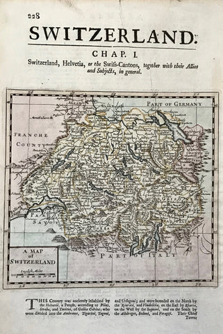 "A Map of Switzerland". Copper etching by Herman Moll ( 1678-1732). Published ca 1725. Modern hand coloring.  This map shows Swizerland with a bit of the northern Italian lake country as well as part of western Austria. Map image is on a complete page that has historical information about Switzerland below map image and continued on backside.