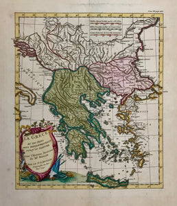 "La Grece Et Les Pays Plus Septtrionaux Jusqu'au Danube Pour L´Histoire Ancienne de Mr. Rollin". Copper etching by Jean Baptiste Bourguignon D'Anville ( 1697-1782), published 1740. Modern hand coloring.  An attractive map of Greece with its many islands. Notice part of the "heel" of Italy on the left side. In the lower right is Turkey with the ancient names of the western coast. In the north the Danube River. In the upper right is part of the Black Sea.
