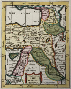 "Turquie en Asie Anciene et Moderne". Copper etching ca 1720. Modern hand coloring.  This map concentrates on eastern Turkey and the surrounding countries. In the upper left is the southern tip of the Crimea in the Black Sea. In the upper right is part of the Caspian Sea. In the lower left is the northern tip of the Red Sea and in the lower right is the northern tip of the Persian Gulf. To the left of the Holy Land is Cyprus.