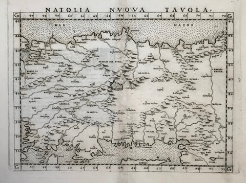 "Natolia Nvova Tavola"  Copper etching from: "Geographia" by Claudio Ptolemy. Originally edited and published by Willibald Pirckheimer. This edition, which comprises all 64 maps of the "B" edition, including the "New World", was published by Josephus Meletius 1562 in Venice.  All of Turkey, except for a bit of the far western part is shown on this early map. In the northwest is Constantinople. The map reaches along the Black Sea in the north as far as Trapezunt.