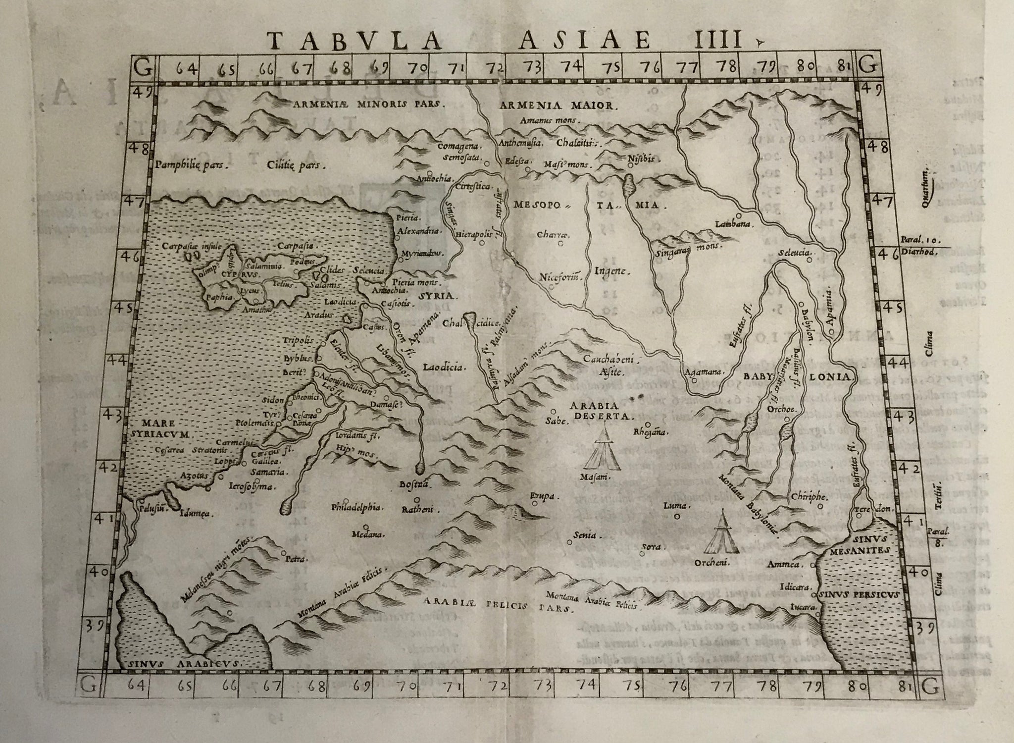 "Tabula Asiae IIII". Copper etching from: "Geographia" by Claudio Ptolemy. Originally edited and published by Willibald Pirckheimer. This edition, which comprises all 64 maps of the "B" edition, including the "New World", was published by Josephus Meletius 1562 in Venice.  Syria, the Holy Land, Iraq, part of Iran, the northern part of Saudi Arabia, southern Turkey and Armenia are featured on this map. In the lower right is the mouth of the Euphrates river