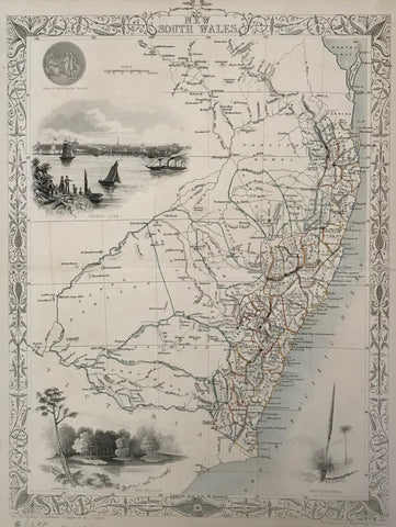 "New South Wales". Steel etching drawn and engraved by J.Rapkin with some borderline coloring. The illustrations are by H. Warren and J. Rogers. Published by John Tallis & Company of London & New York. Ca. 1860.  Most of New South Wales is shown on this map. It shows the area as far as the Darling river in the west. In the north is part of Queensland as far as Great Sandy Island.