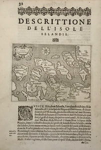 "Descrittione Dell'Isole Selandie".Copper etching from "L'Isole piu Famose del Mondo" (The most famous islands of the world by Thomas Porcacchi (1530 - 1585) and engraved by Girolamo Porro. The first edition of this work was published in Venice in 1572. This is from the second edition, 1620.  A more detailed map showing the Zeeland Islands with an extra text page describing location and history of the islands. A third page is a Xerox copy. The map is northwest oriented.