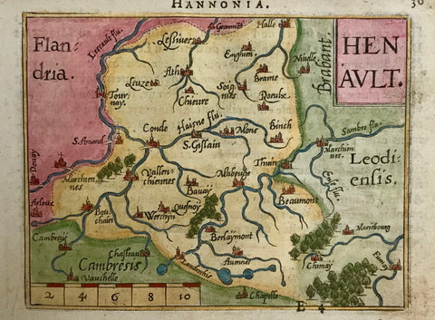 "Henault" Copper engraving by Abraham Ortelius, 1600. Hand coloring. Verso: text in French plus some fine original handwriting.  An attractive little map of the region of Conde, Ath, Halle, Cambrai and Mons. In the upper left is the region of Flanders.