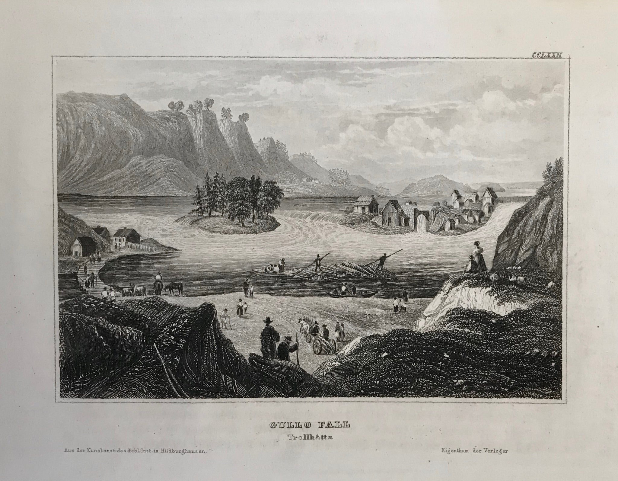 "Gullo Fall" "Trollhata"  Steel engraving ca 1850. Light natural age toning.
