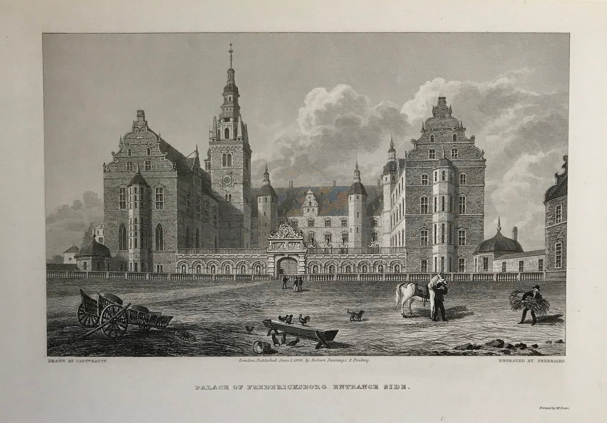 "Palace of Fredericksborg Entrance Side"  Steel etching by Freebairn after a drawing by Batty. London, 1828.