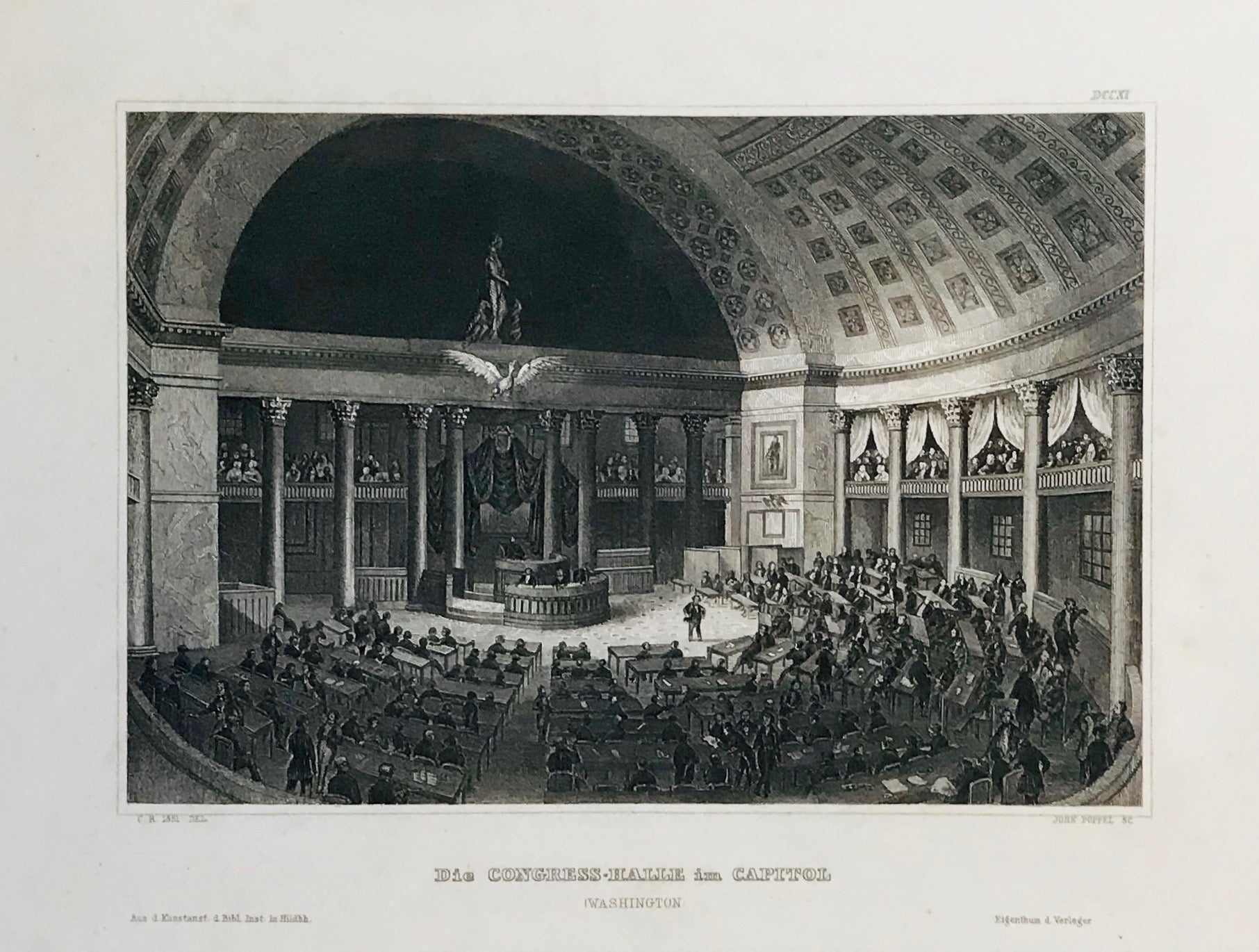 "Die Congress-Halle im Capitol" (Washington)  Steel engraving from Bibliograph. Institut in Hildburghausen, ca 1850. A few minor spots in margin.