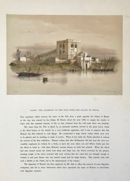 "Cairo: The aqueduct of the Nile from the Island of Rhoda"  This image is on a complete page with text below the image. In the upper right margin are two repaired tears. Small repaired tear on lower margin edge.  Image: 24 x 34.8 cm (9.4 x 13.7") Page size: 60 x 41.5 cm ( 23.6 x 16.3 ")  Original Antique Lithographs  by David Roberts