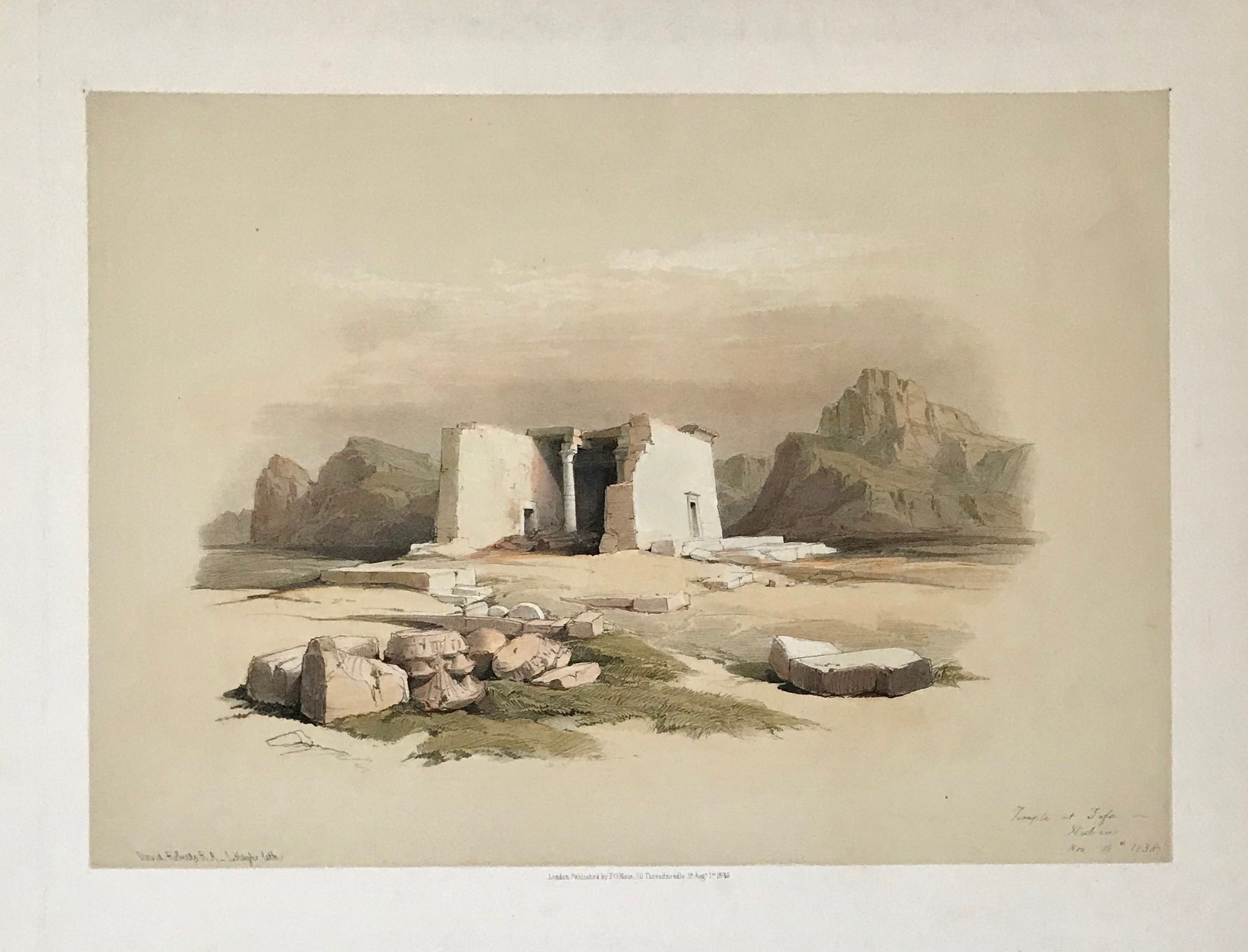 Taffeh. - "Temple of Tafa in Nubia"  Hand-colored lithograph from "Egypt and Nubia" Published in London 1849 and , ãThe Near East and the Holy Land" by David Roberts (1796 - 1864). Published in London 1842 - 1849  The Temple was professionally taken down and given to the Rijksmuseum in Leiden, The Netherlands as an appreciation of the Dutch in helpen save Egyptian antiquities.