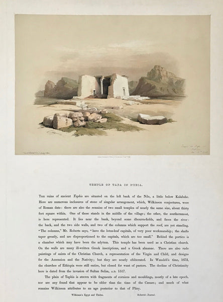 ﻿Taffeh. - "Temple of Tafa in Nubia"  Hand-colored lithograph from "Egypt and Nubia" Published in London 1849 and , ãThe Near East and the Holy Land" by David Roberts (1796 - 1864). Published in London 1842 - 1849  The Temple was professionally taken down and given to the Rijksmuseum in Leiden, The Netherlands as an appreciation of the Dutch in helpen save Egyptian antiquities.