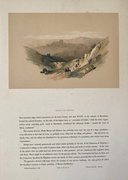 "Ruins of Semua"  Hand-colored lithograph, 1839. Including text  Very minor traces of age and use in margins. Beautiful hand-coloring  22.7 x 33 cm (8.9 x 13")  Original Antique Lithographs  by David Roberts  (1796 Edinburgh - London 1864)