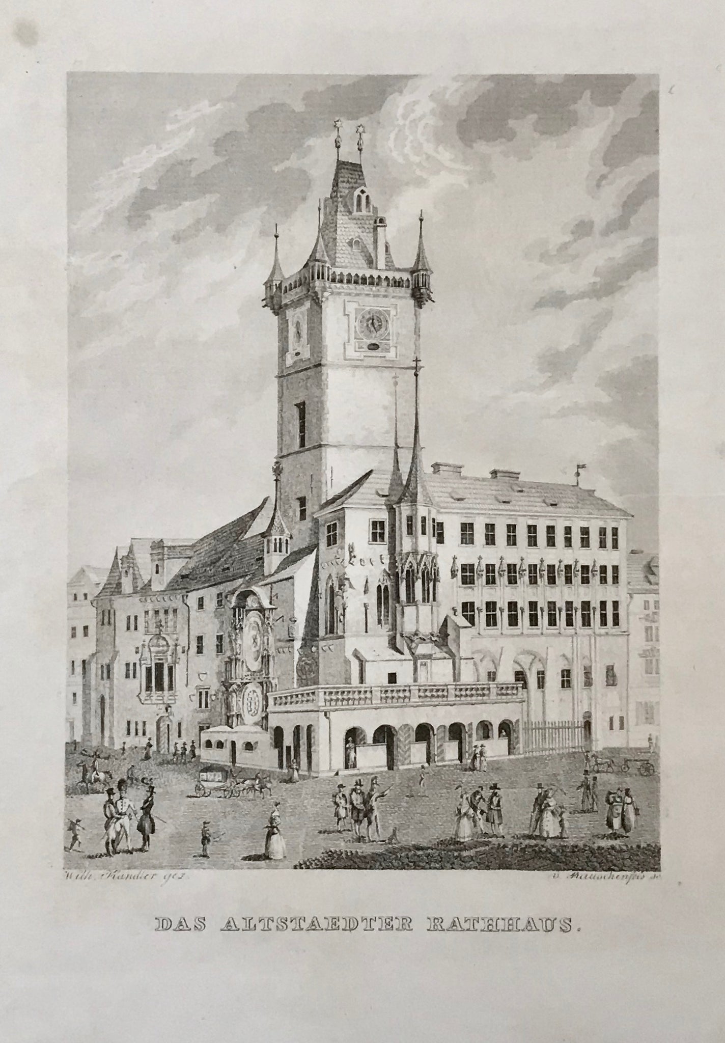 Das Altstaedter Rathaus  Etching by Rauschenfels after Kandler ca 1840. Print has a few light spots and small creases in the wide margins. One noticeable crease in right margin and 0.5 cm in image.