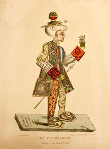 "The Antiquarian"  Lithograph by George Spratt with original hand coloring.  This print was one in a series of satirical depictions of professions and trades.  It was published in "Purcell's Lithographic Drawing Book"  By Charles Tilt. London, 1830