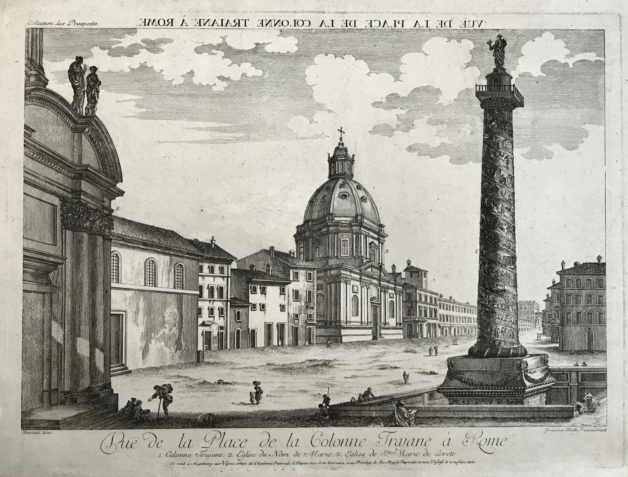    "Vue de la Place de la Colonne Trajane a Rome"  Copper etching by Balthasar Frederic Leizelt  After the drawing by Jean Barbault (ca. 1705-1766)  Vue d'Optique, Persepective View, Guckkasten-Blatt.  Print shows: Plaza Colonna, Trajan Column, Church: Santissimo Nome di Maria, Church: Santa Maria di Loreto. Trajan column.