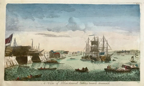  "A View of Blanckenwall looking towards Greenwich".  The shipyards at Blackwall on the Thames  Vue d'optique. Copper etching by J. Heudelot. Original hand coloring. Ca. 1790.  Left margin added. Left side of print a bit rubbedOtherwise good condition.
