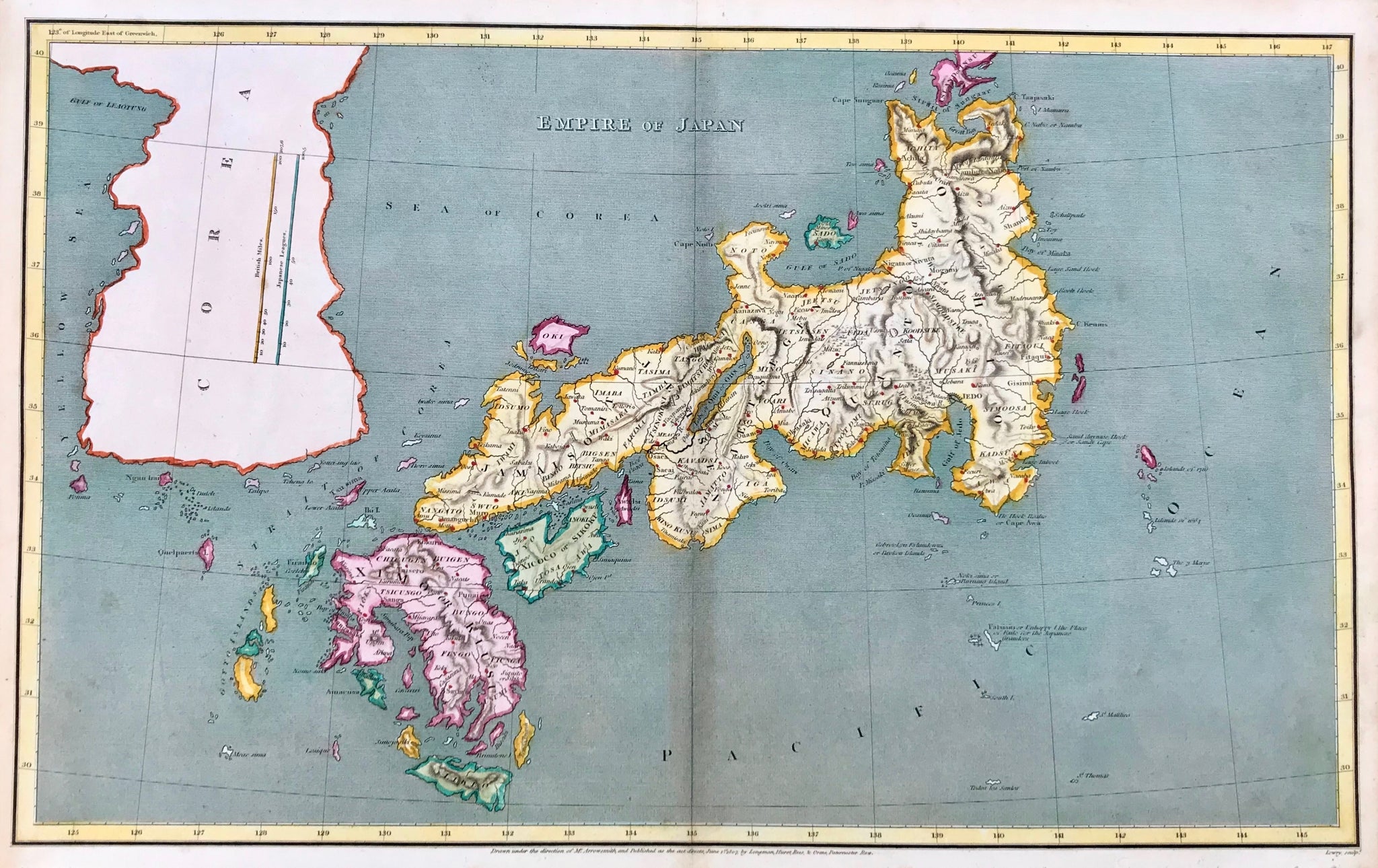 "Empire of Japan". Copper etching by Lowry drawn under the direction of M. Arrowsmith and published June 1, 1807 in London. Modern hand coloring.  Map shows Japan with its many islands and an outline of Korea. The vertical lines in Korea are scales for British miles and Japanese Leagues.