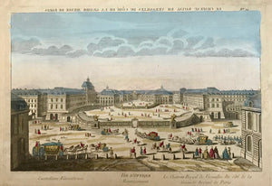 Paris-Versailles. "Le Chateau Royal de Versailles cu cote de la Grande Avenue de Paris".  Vue d'optique. Copper etching. Original hand coloring. Published by Daumont. Paris, ca. 1790.  General age toning. The coloring a bit careless. Spotty in margins. Inverted title above. Title: Latin and English