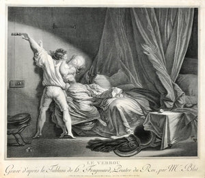Le Verrou (the bolt)  Copper etching by Maurice Blot (1753 - 1818) after the painting by Jean-Honoré Fragonard (1732 - 1806). Paris, 1784  A young man prevents the escape of his mistress by pushing the door bolt shut.