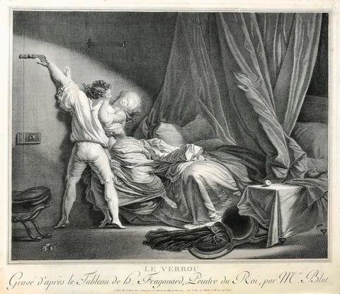 Le Verrou (the bolt)  Copper etching by Maurice Blot (1753 - 1818) after the painting by Jean-Honoré Fragonard (1732 - 1806). Paris, 1784  A young man prevents the escape of his mistress by pushing the door bolt shut.