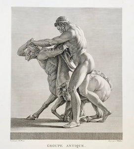 "Groupe Antique". Hercules (Herakles) kilos Nessus, the famous Centaur"  Copper etching by Jean Mathieu  After the drawing by Jean-Baptiste Wicar (1762-1834)  Published in "Gallery of Florence"  Paris, 1789