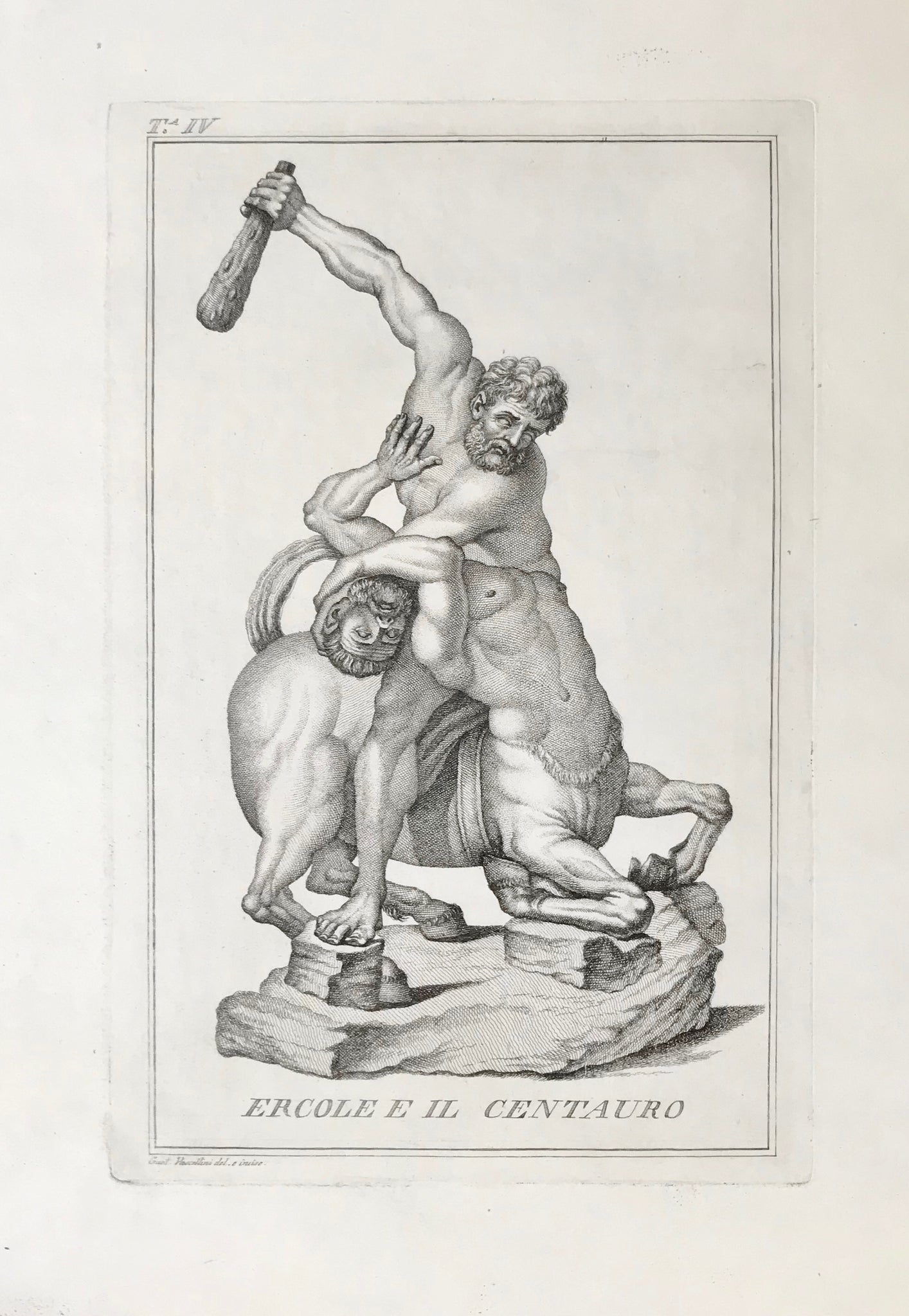 "Ercole E Il Centauro"  Copper etching by Gaetano Vascellini (1745-1805) after his own drawing.  From "Statue e gruppi nel Giardino di Boboli", 1779