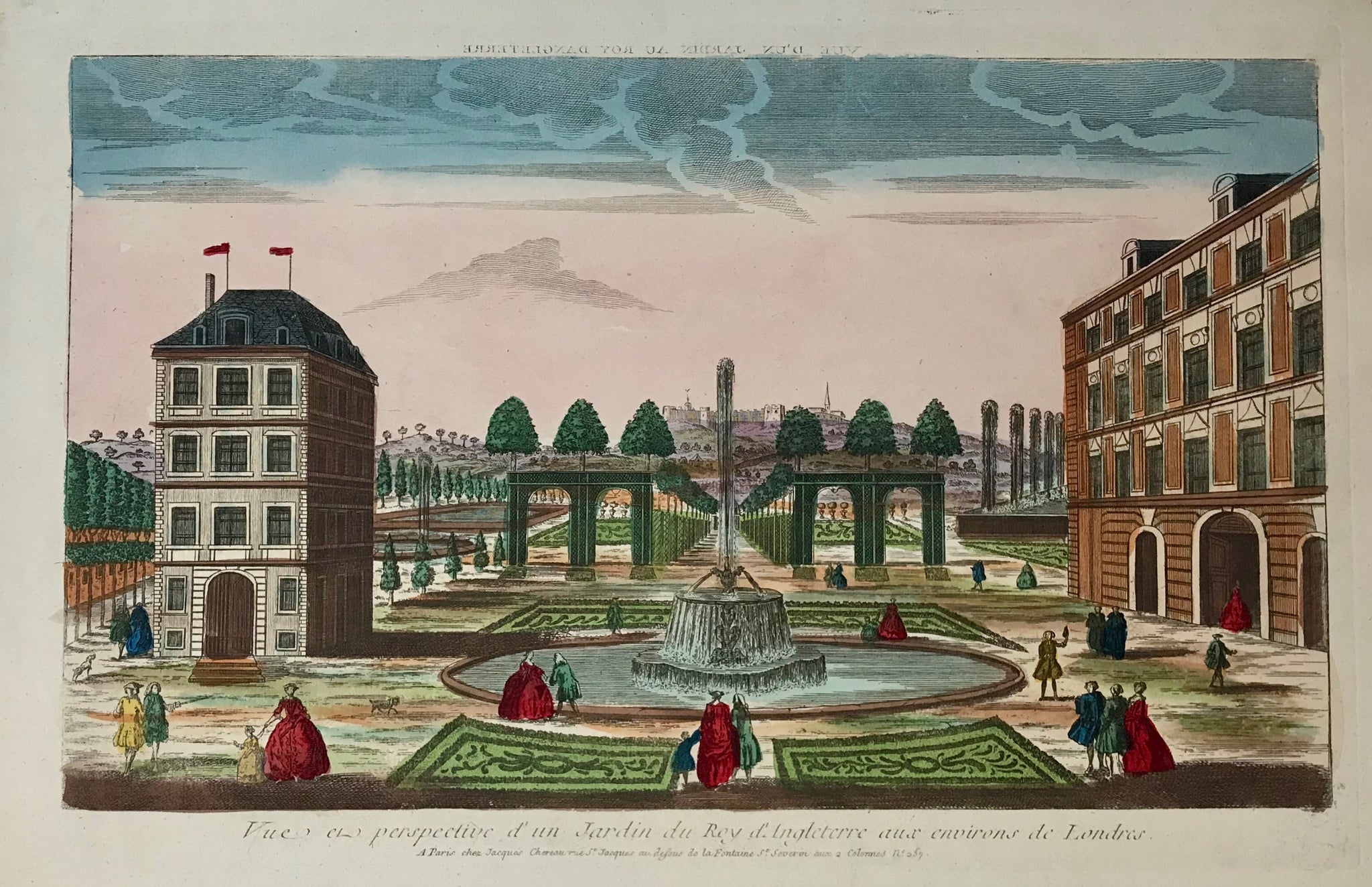 "Vue et perspective d'un Jardin du Roy d'Angleterre aux environs de Londres"  A Royal Garden view near London  Type of print: Copper etching  Color: Beautiful original hand coloring  Condition: Almost perfect  Published: Paris by Jacques Chereau