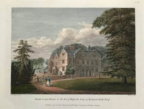 North Court House in the Isle of Wight, the Seat of Richard Bull.  By W. angus after J. Barron, dated 1796. Tiny repaired tear on upper margin edge.  12.7 x 18.3 cm ( 5 x 7.2 ")  Castles, Landscapes and Estates of England and Scotland