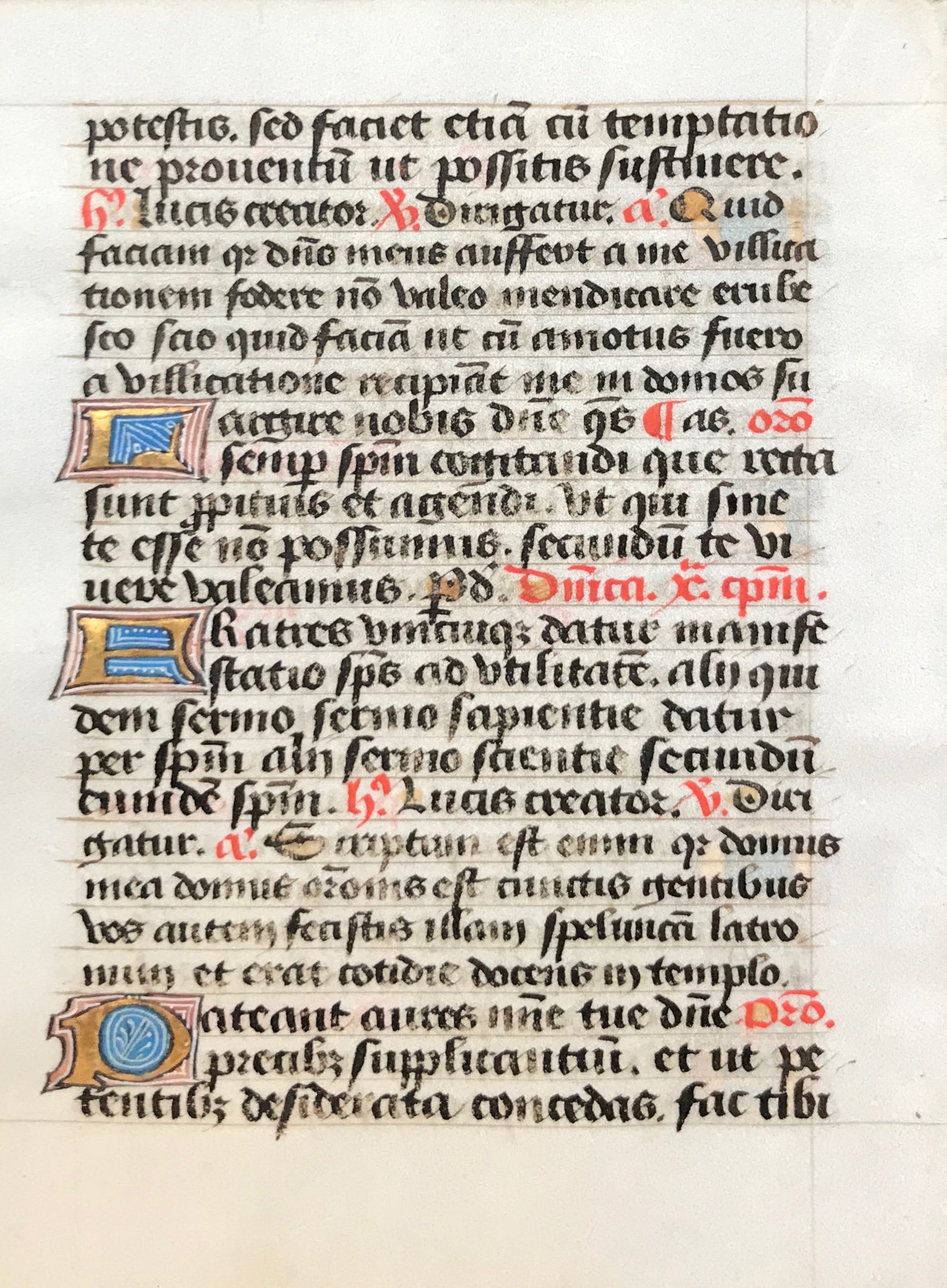 Individual pages from a daily missal (Roman rites)  Published ca 1450.  On parchment  Origin: France  Christian prayer, the Incipit (beginning) of the oration during mass on Easter Sunday  Illuminated large initials