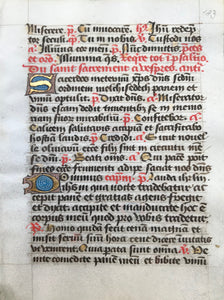 Individual pages from a daily missal (Roman rites)  Published ca 1450.  On parchment  Origin: France  Christian prayer, the Incipit (beginning) of the oration during mass on Easter Sunday  Illuminated large initials