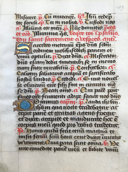 Individual pages from a daily missal (Roman rites)  Published ca 1450.  On parchment  Origin: France  Christian prayer, the Incipit (beginning) of the oration during mass on Easter Sunday  Illuminated large initials
