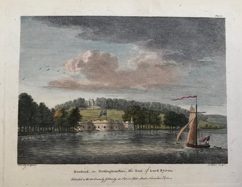 Newstead in Nottinghamshire, the Seat of Lord Byron.  By P. Milton after P. Sandy, dated 1780.  13.1 x 18.2 cm ( 5.1 x 7.2 ")  Castles, Landscapes and Estates of England and Scotland