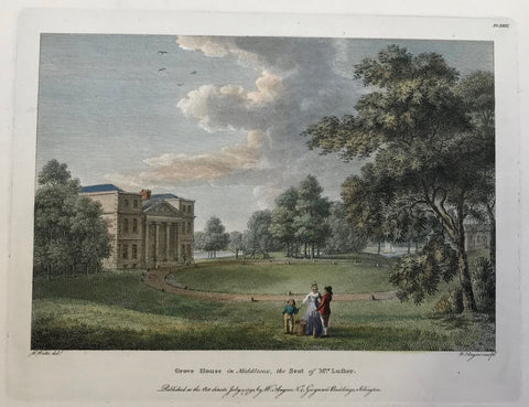 Grove House in Middleessex, the Seat of Mrs. Luther.  By W. Angus after W. Watts, dated 1792.  12.6 x 18.4 cm ( 4.9 x 7.2 ")  Castles, Landscapes and Estates of England and Scotland  Copper engravings in fine modern hand coloring. A few minor spots. Light browning of margin edges. All have generous margins. Some have very light overall age toning.  Page size: 20.5 x 26 cm ( 8 x 10.2 ")