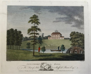 Leesthorp Hall  The Seat of John Shuffield Brown Esq.  By Walker after Thosby, dated 1792. Crease in lower left margin corner.  12.5 x 17.7 cm (4.9 x 6.9 ")  Castles, Landscapes and Estates of England and Scotland