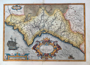 Spain, Espagña, "Regni Valentiae Typus". Province of Valencia, Spain. Copper etching from the atlas by J. Janssonius. Original hand coloring. Amsterdam, ca. 1650.  Map shows coastline of the province of Valencia and the hinterland. Two decorative cartouches, ship and sea monster. Riverse side text in German.