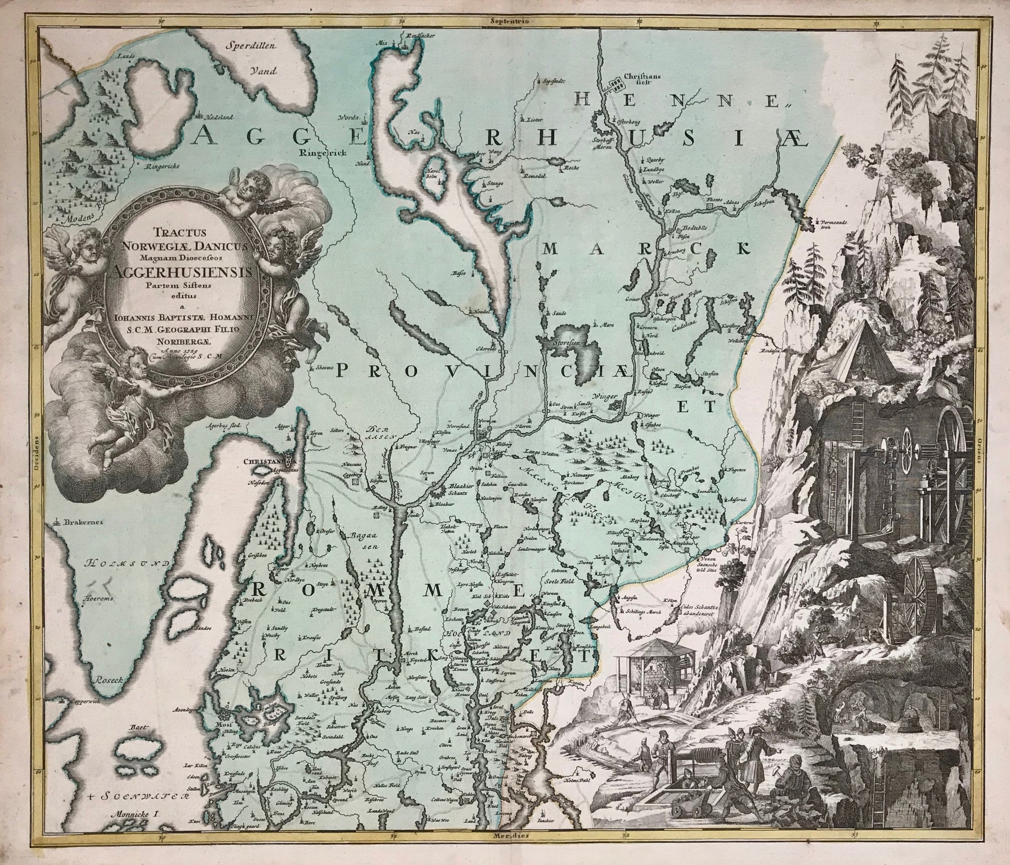 "Tractus Norwegiae Danicus Magnum Dioeceseos Aggerhusiensis Partem Siftens". Copper etching by Johann Baptist Homann and Son, dated 1729. Original hand coloring.  Cristania (Oslo) is locacted directly south of the title cartouche. In the upper left is Sperillen Land. South of Cristania is Moss and Monnicke Island. In the upper right is part of the Glomma River. On the right side are very lively scenes of Norwegian mining and smelting. There are some historical technical aspects of early mining shown.
