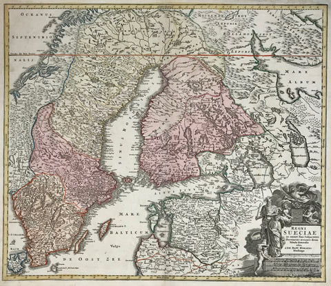 "Regni Sueciae in omnes suas Subjacentes Provincias accurate divisi Tabula Generalis." Copper etching by Johann Baptist Homann, 1723. Original hand coloring.  This Scandinavian map shows Sweden with Finnland and part of Norway. The red line near the top is the Arctic Circle. In the lower right is Lithuania and Curland reaching as far south as Memel. Cherubs hold a coat of arms in the cartouche while a Viking looks on.