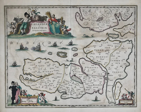 "Lalandiae et Falstriae Accuratio Descriptio". Copper etching by Johannes Janssonius ca 1630. Original hand coloring.  This map of Looland and Falster shows much historical detail. Notice the very decorative cartouches. and the various sailing vessels. In the upper right is part of Sjaelland. On half of the backside is text in French about the two islands.