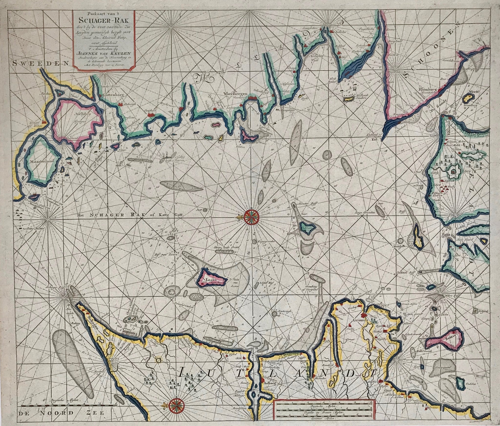 "Pascaarte vant Schager-Rack vande Pater-nosters aen Kol. als mede de Sondt, oock hoe dese landen van Schagen gelegen zyn"  "De Sondt met alle Syn gelegenheyt int groot"  Copper etching by Pieter Goos. (1616-1675)  Published in Zee Spiegel - (Mirror of the Sea) with nr. "7"  Amsterdam, 1666  This east-oriented map shows the waterway between Sweden and Denmark leading to the Baltic Sea. Skagerrak, Kattegat and Oere-Sund with Copenhagen on the island of Seeland